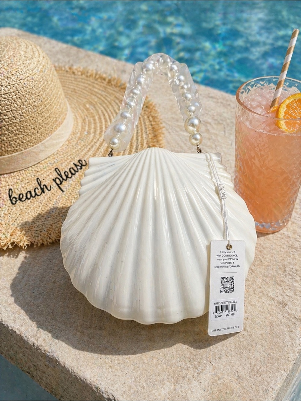 Sadia White Shell-Shaped Pearl Handle Crossbody Bag